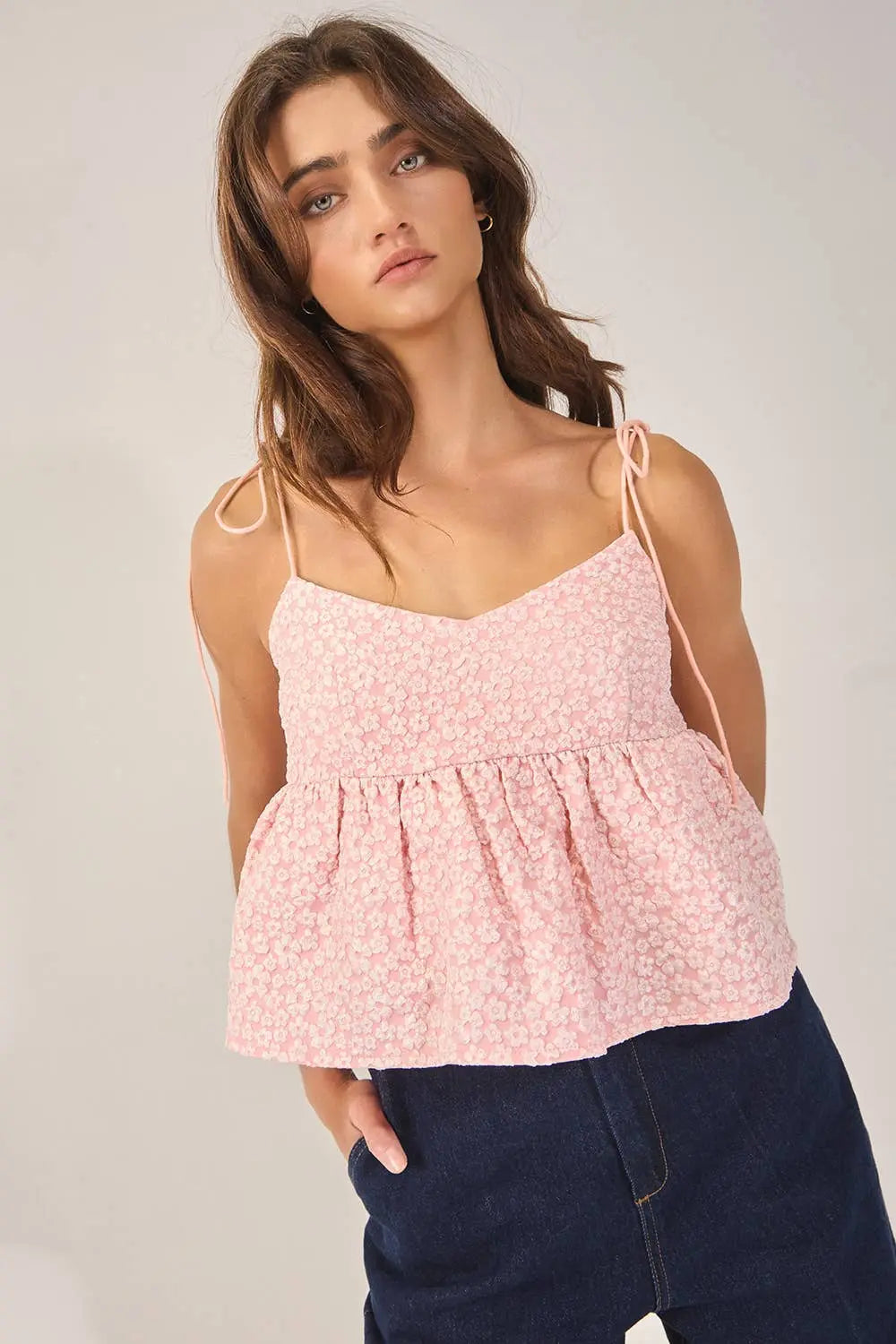 Floral Jacquard Tie Shoulder Flowy Babydoll Tank Top BUCKETLIST