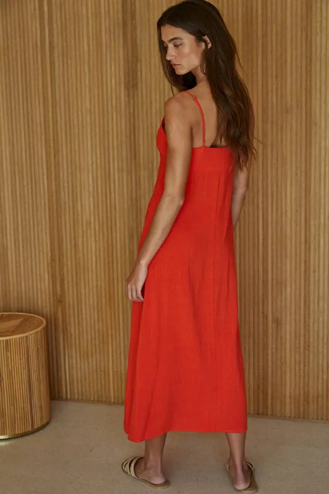 L8172 | Woven Linen Rayon Button Down V-Neck Midi Dress By Together