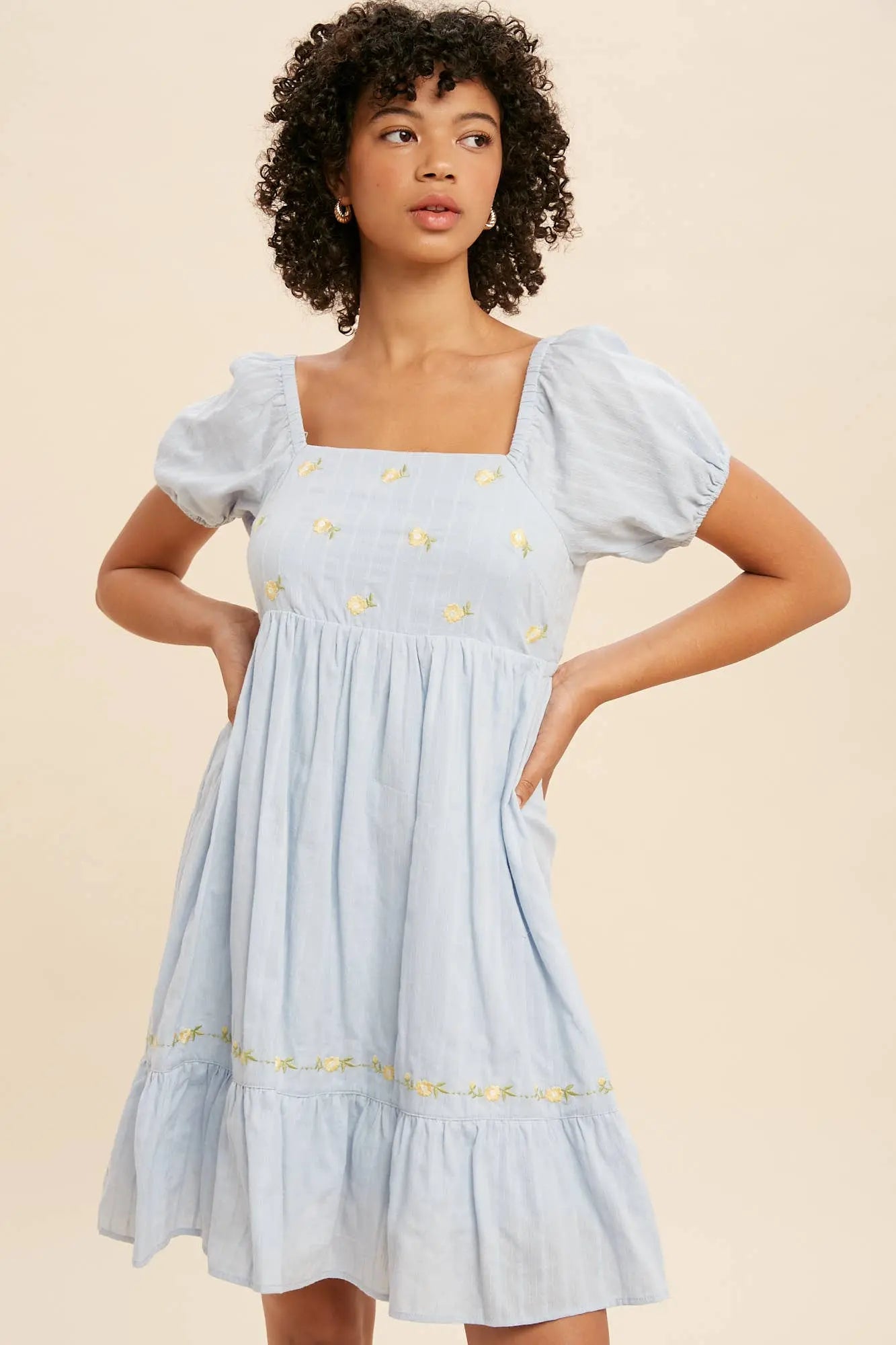 EMBROIDERED SQUARE NECK MINI DRESS In Loom