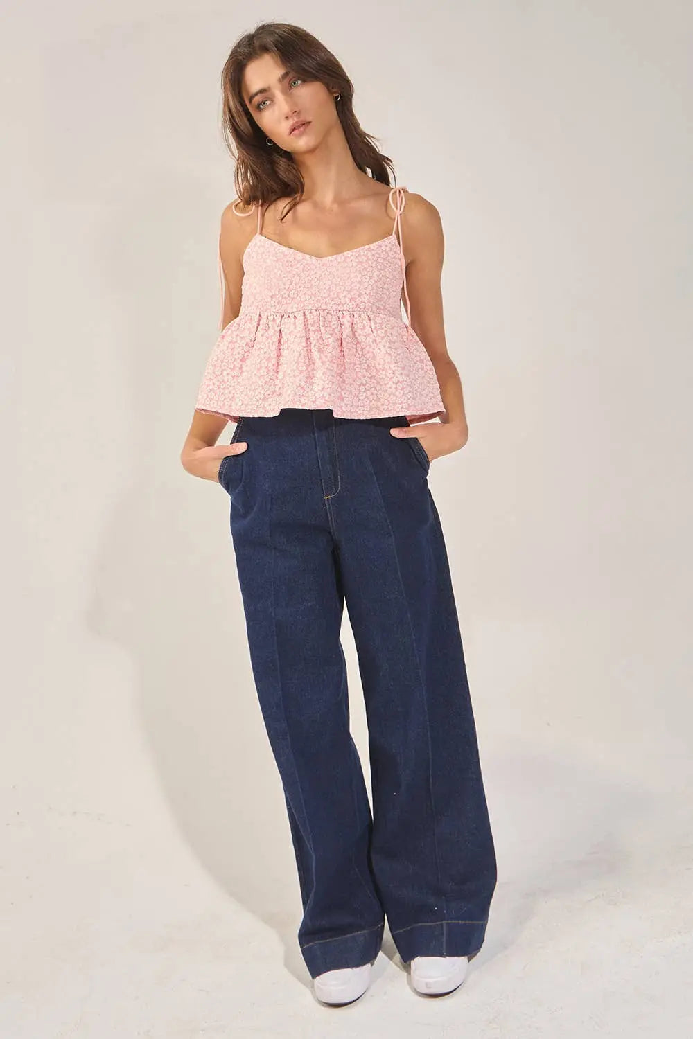 Floral Jacquard Tie Shoulder Flowy Babydoll Tank Top BUCKETLIST