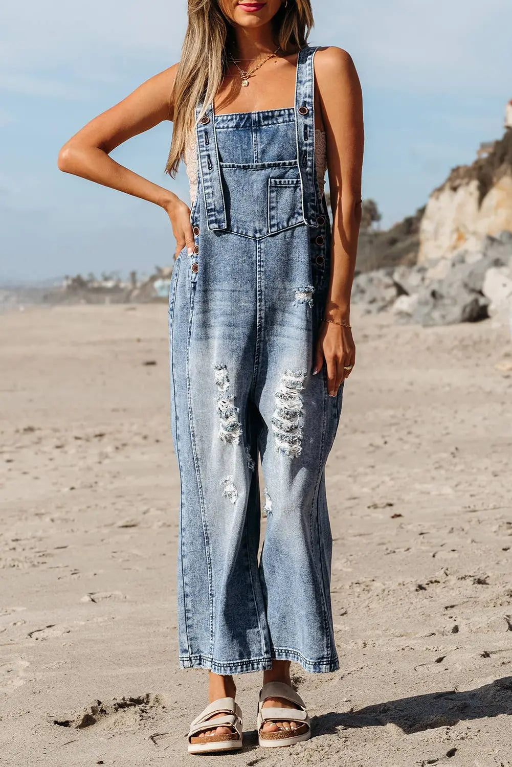 LDC Distressed Bib Pocket Wide Leg Denim Overall Little Daisy Closet