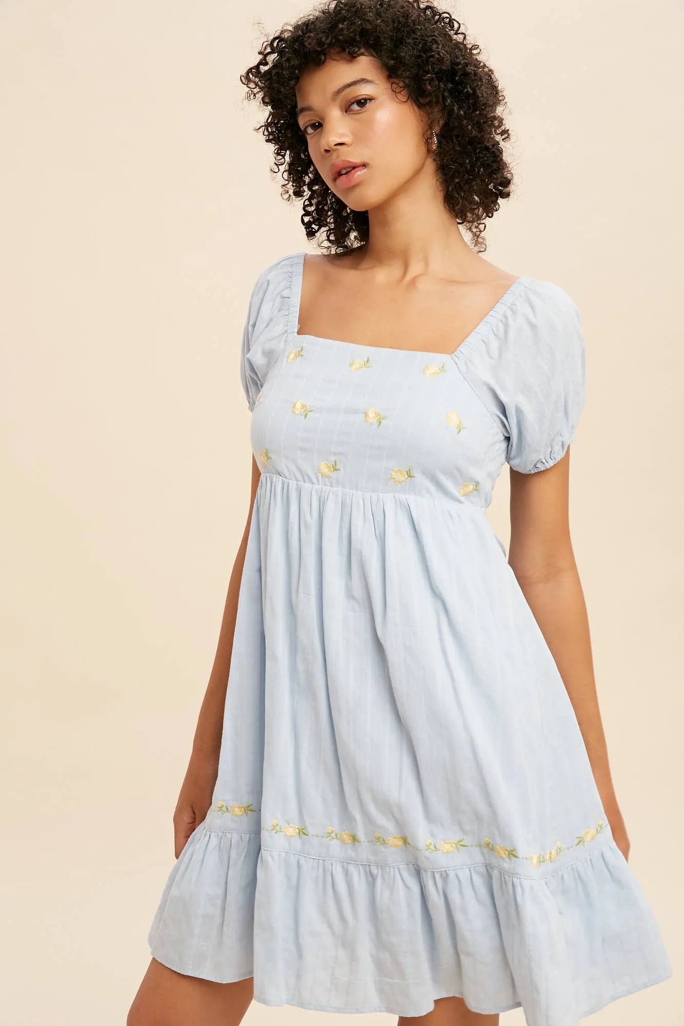 EMBROIDERED SQUARE NECK MINI DRESS In Loom